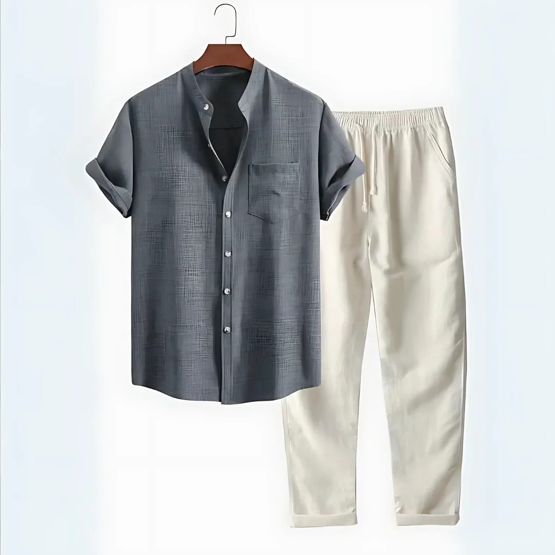 Ensemble Chemise Col Montant & Pantalon Droit en Lin – Image 2