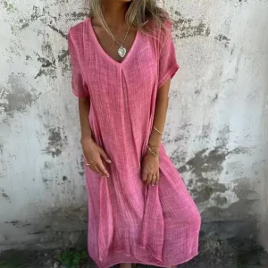 Robe fluide col V en coton et lin