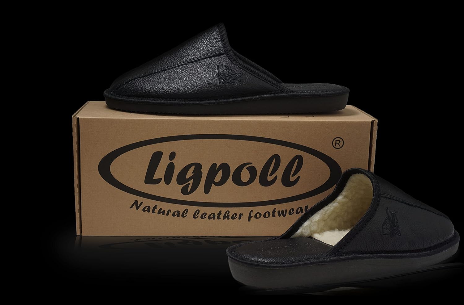 Chaussons en cuir naturel pour homme, intérieur en laine, cuir noir – Image 6