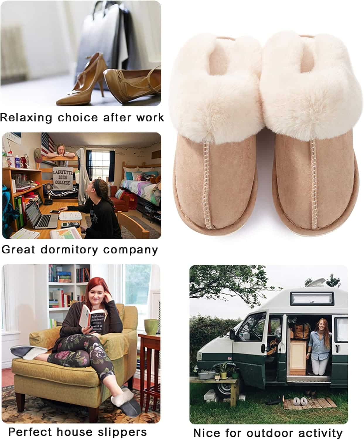 Chaussons Femmes, Pantoufles beige clair à mémoire de forme, Faux Daim et Fourrure – Image 7