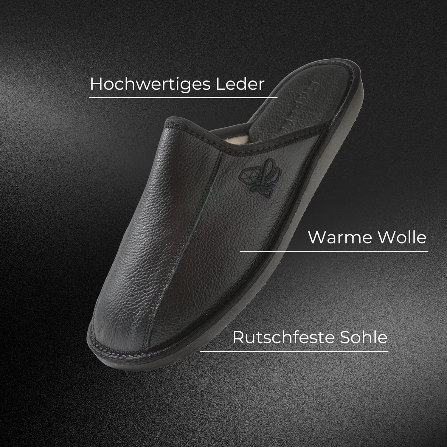 Chaussons en cuir naturel pour homme, intérieur en laine, cuir noir – Image 3