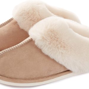 Chaussons Femmes, Pantoufles beige clair à mémoire de forme, Faux Daim et Fourrure