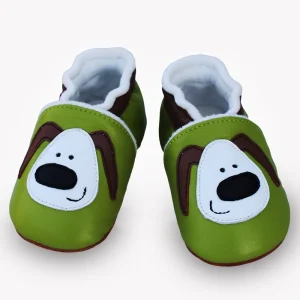 Chausson chien noir et vert confort en cuir pour naissance