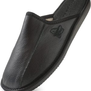Chaussons en cuir naturel pour homme, intérieur en laine, cuir noir