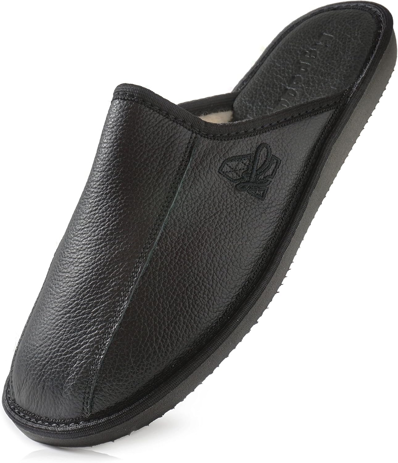 Chaussons en cuir naturel pour homme, intérieur en laine, cuir noir