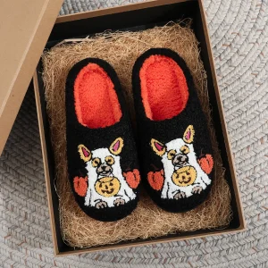 Chaussons Halloween unisexe noirs – motifs chien blanc