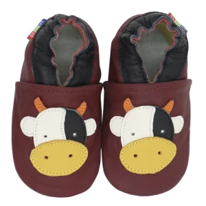 Chaussons bébé cuir bébé fille vache rouge foncé