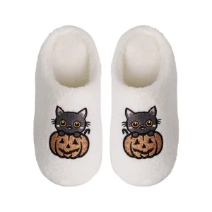 Chaussons Halloween unisexe blancs – chat citrouille