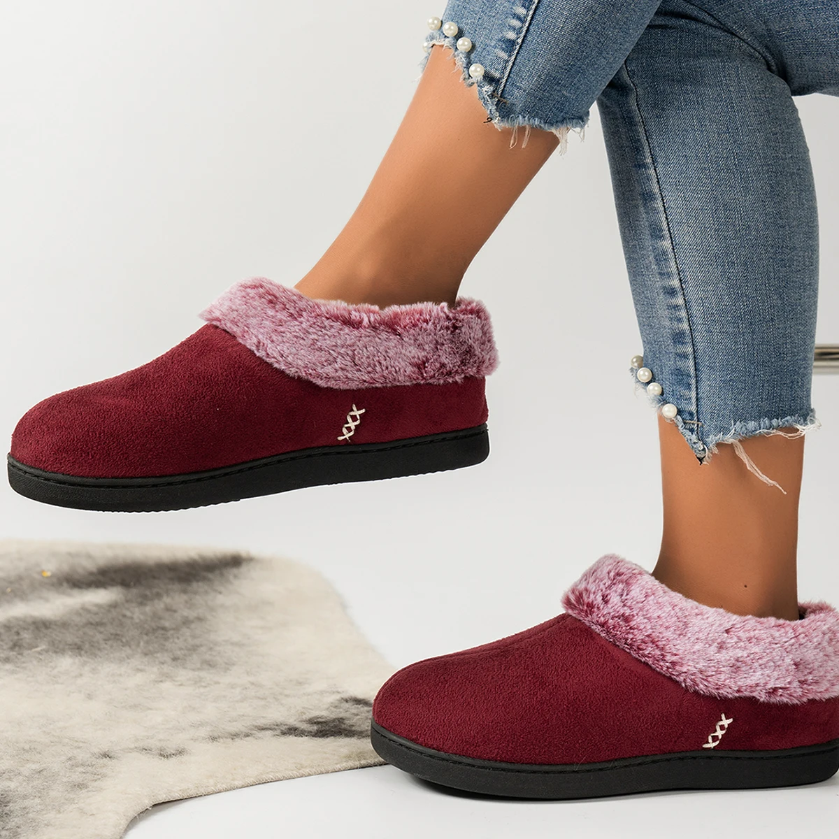 Chaussons femme fourrés rouges tendance – Image 5