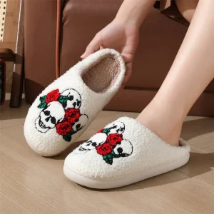 Chaussons Halloween unisexe blancs – motifs crâne de rose blanc
