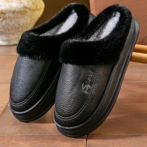 Chaussons cuir homme luxe semelle épaisse confort Noirs