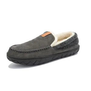 Chaussons cuir homme chaud intérieur laine Gris