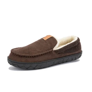 Chaussons cuir homme chaud intérieur laine café