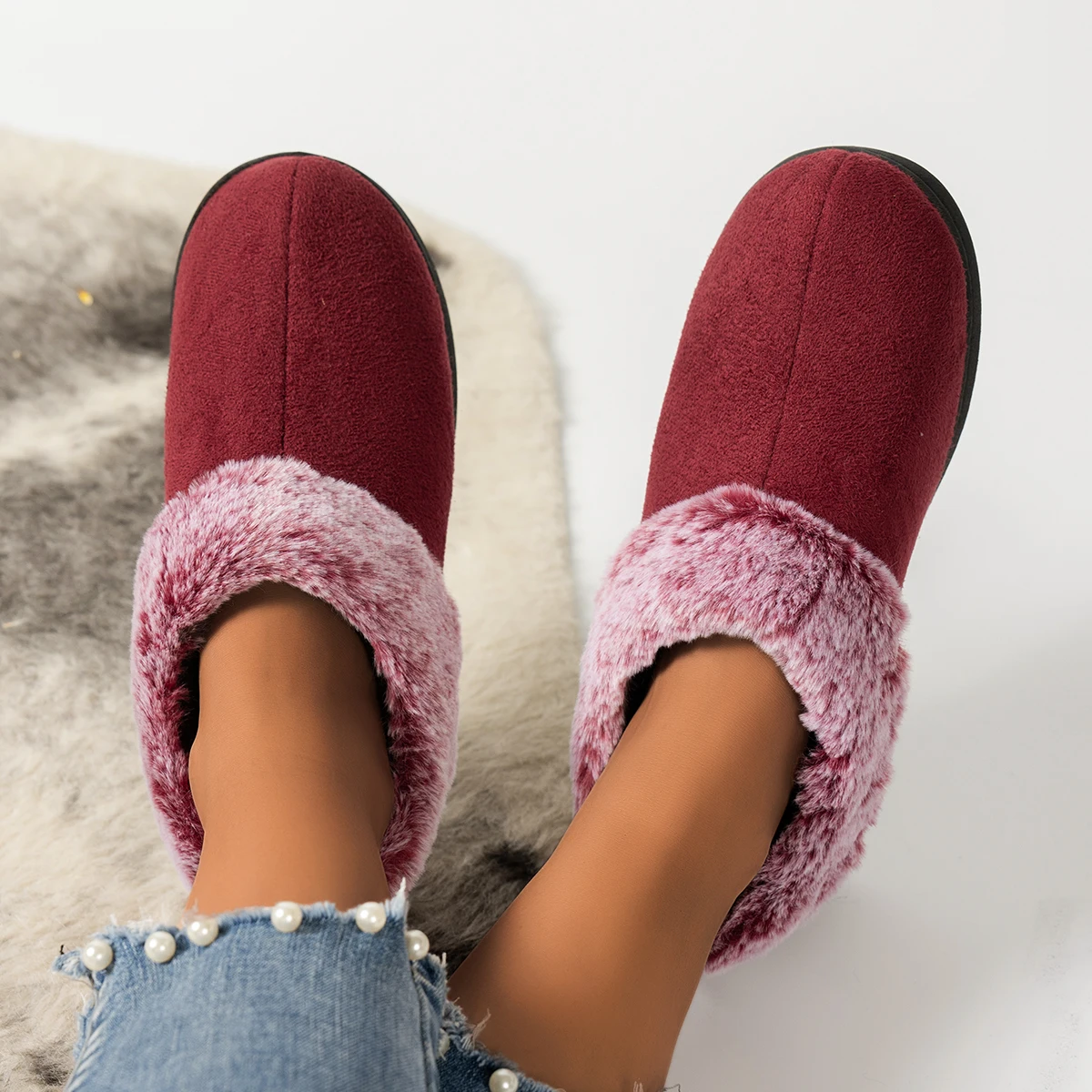 Chaussons femme fourrés rouges tendance – Image 2