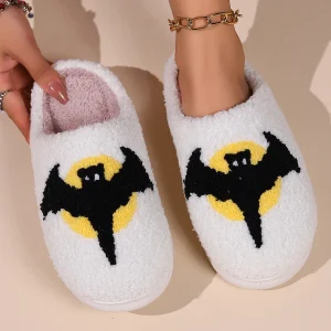 Chaussons Halloween unisexe blancs – motifs Chauve-souris noire