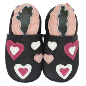 Chaussons bébé cuir fille matif petits cœurs