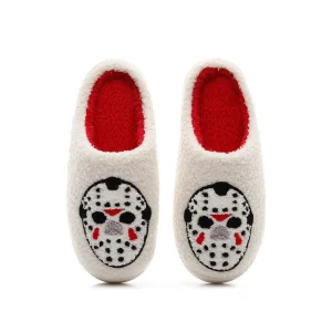 Chaussons Halloween unisexe blancs – motifs masque noir