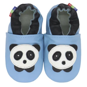 Chaussons bébé cuir Fille Panda bleu ciel