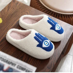 Chaussons Halloween unisexe blancs – motifs main bleu