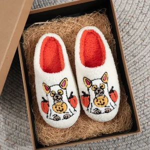 Chaussons Halloween unisexe blancs – motifs chien et citrouille
