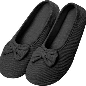 Chausson femme, Pantoufles fermées, en coton, ballerines pour femme, gris foncé, passe-partout