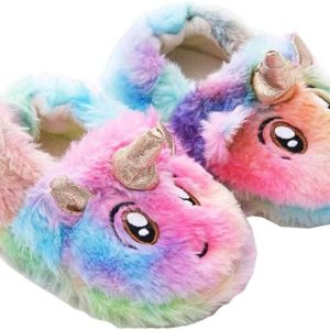 Pantoufles licorne arc-en-ciel pour filles en peluche chaude à enfiler, de 1 à 6 ans
