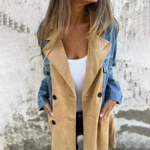 Trench-coat mi-long avec surpiqûres en denim